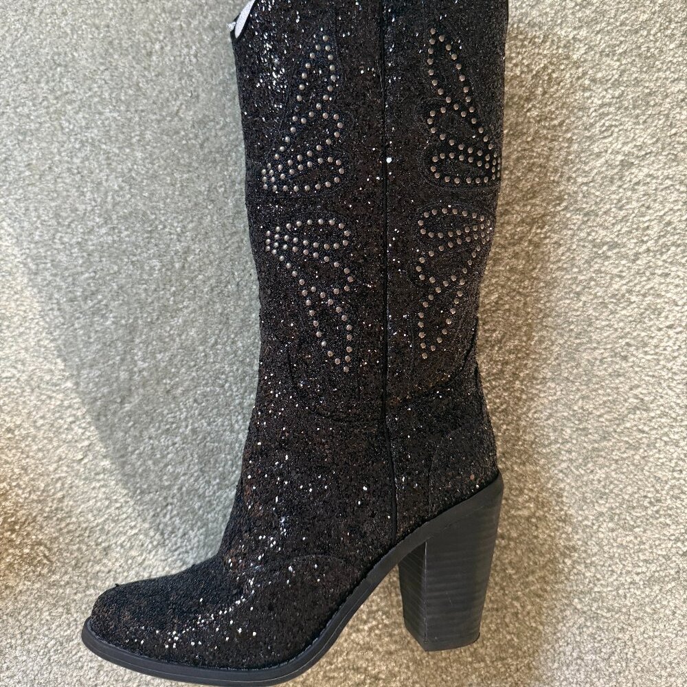 Jessica Simpson Caralee Black Chunky Glitter Western Boots - Size 6M
